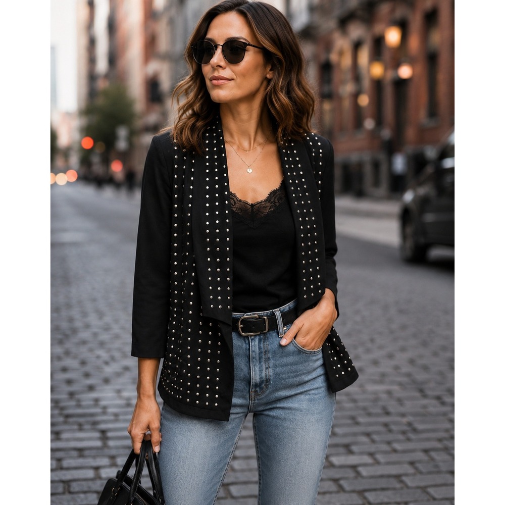 Rock & Republic Black Studded Open Front Blazer Jacket Womens Size 12 Edgy Studs